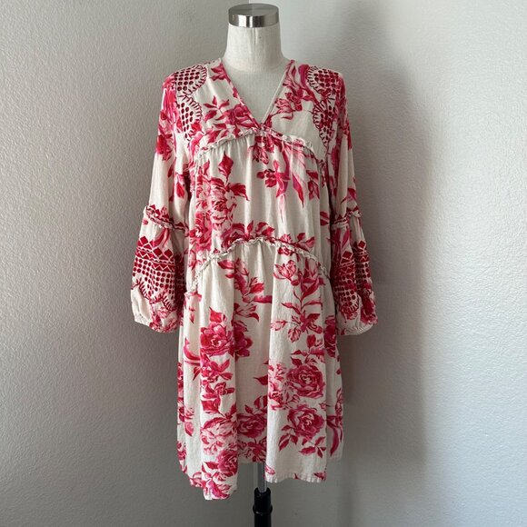 Anthropologie Red Cream Floral V-Neck Long Sleeve Tiered Dress Embroidered M - Picture 2 of 16